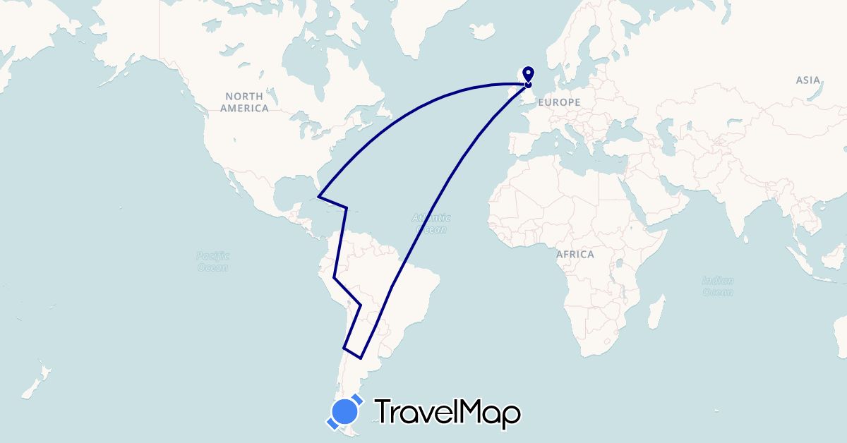 TravelMap itinerary: driving in Argentina, Bolivia, Brazil, Chile, Cuba, Dominican Republic, United Kingdom, Peru (Europe, North America, South America)
